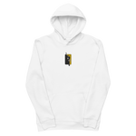 Flatlay image of a regular white hoodie with an embroidered design of Tommie Smith raising his black-gloved fists in protest during the 1968 Mexico Olympics Men's 200m medal ceremony.