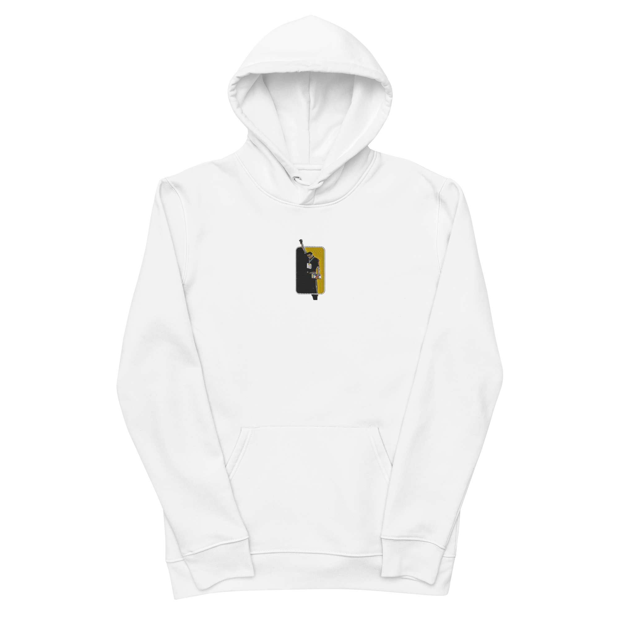 Flatlay image of a regular white hoodie with an embroidered design of Tommie Smith raising his black-gloved fists in protest during the 1968 Mexico Olympics Men's 200m medal ceremony.