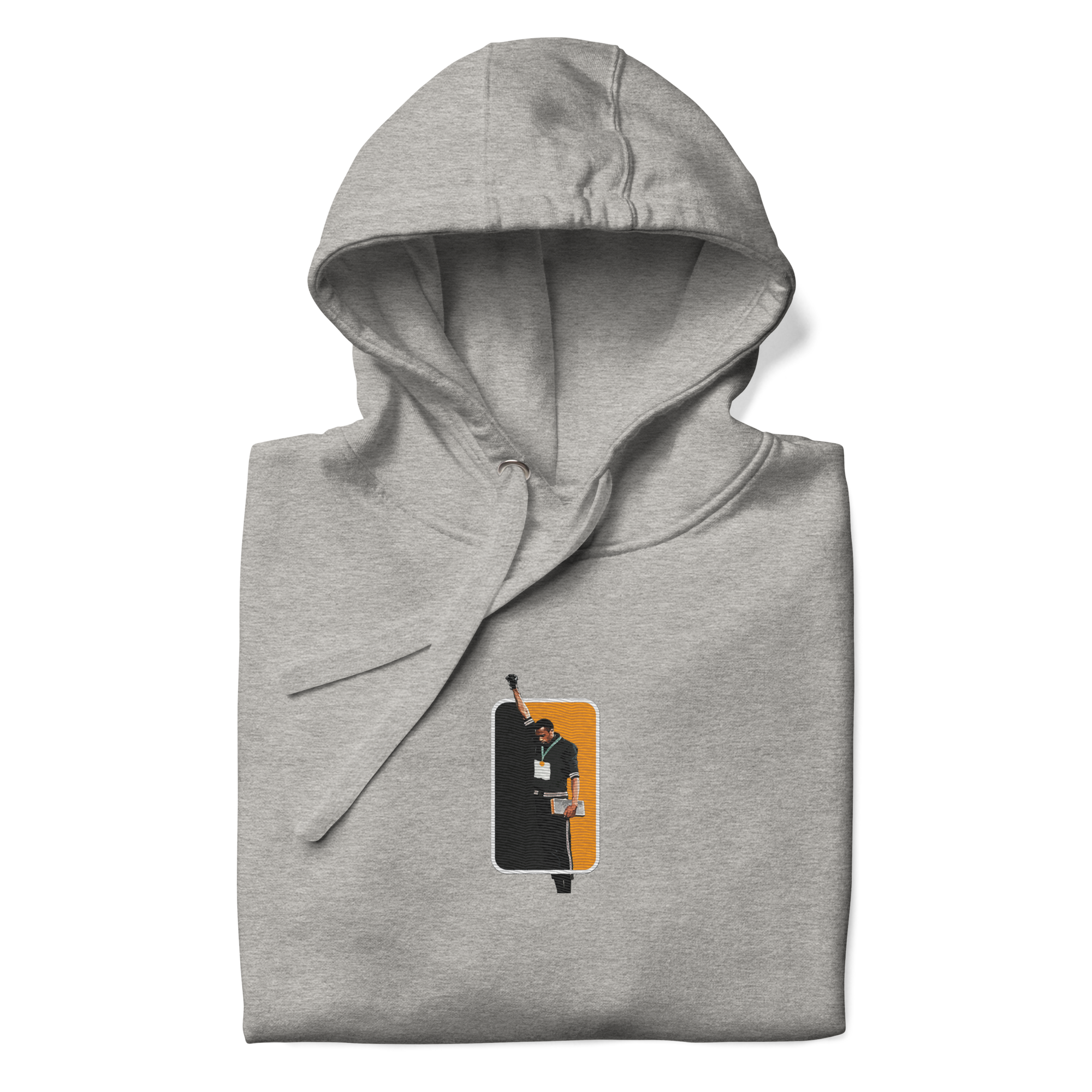 Flatlay image of a premium grey hoodie with an embroidered design of Tommie Smith raising his black-gloved fists in protest during the 1968 Mexico Olympics Men's 200m medal ceremony.